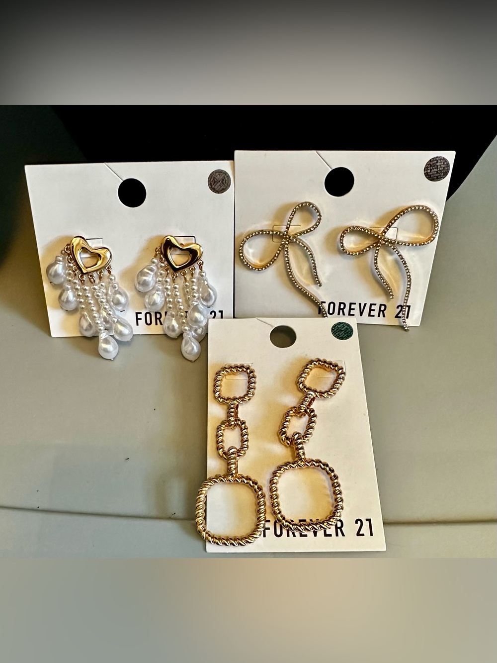 Forever 21 Gold Pearl-Embellished Heart & Bow Earring Set